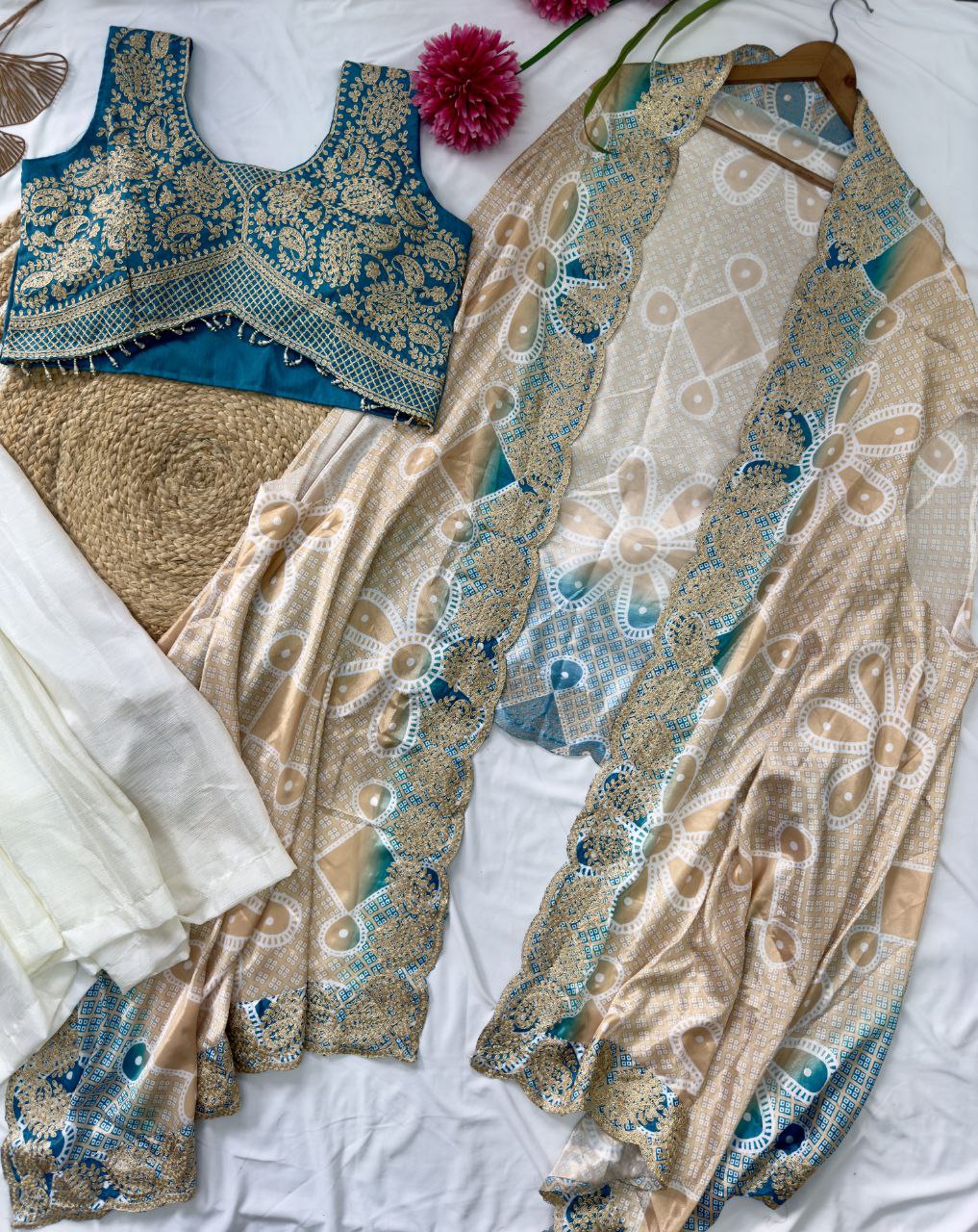 Ready to Wear Chinon Silk Multi Thread Work Indo Western Drape Saree