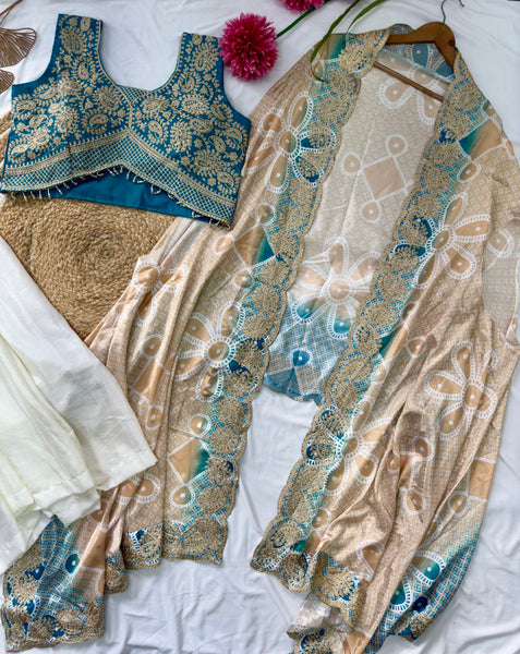 Ready to Wear Chinon Silk Multi Thread Work Indo Western Drape Saree