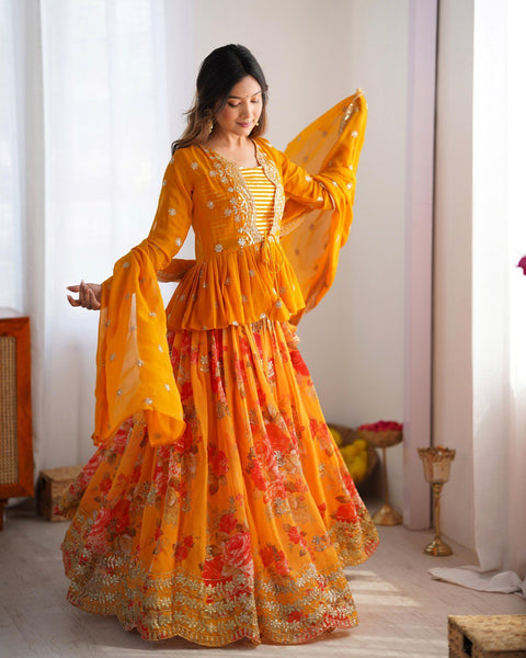 Orange Color Georgette Sequence Koti Lehenga Choli