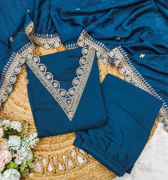 Trendy Rama Satin Embroidery Salwar Suit