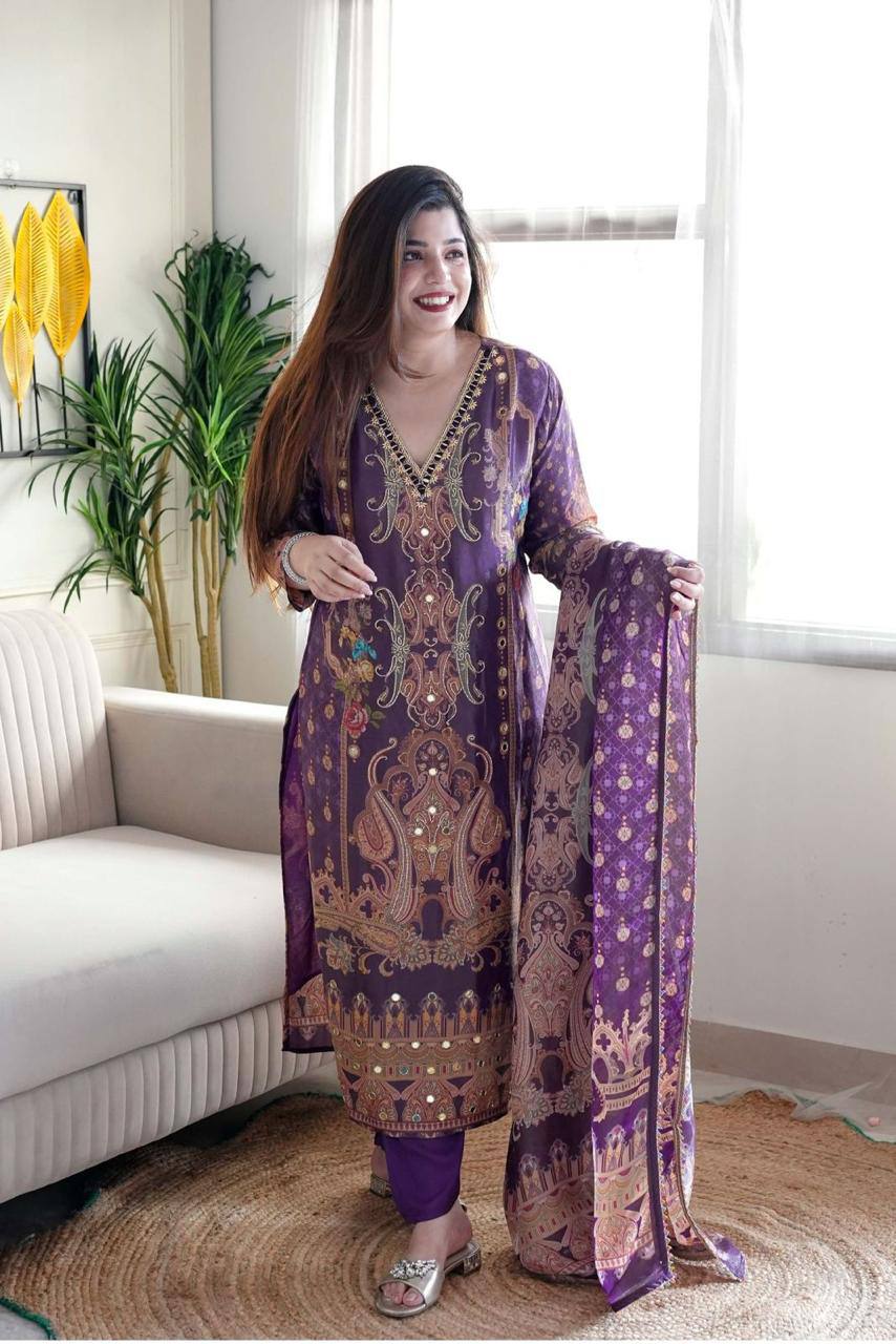 Purple Color Satin Printed Mirror Salwar Suit