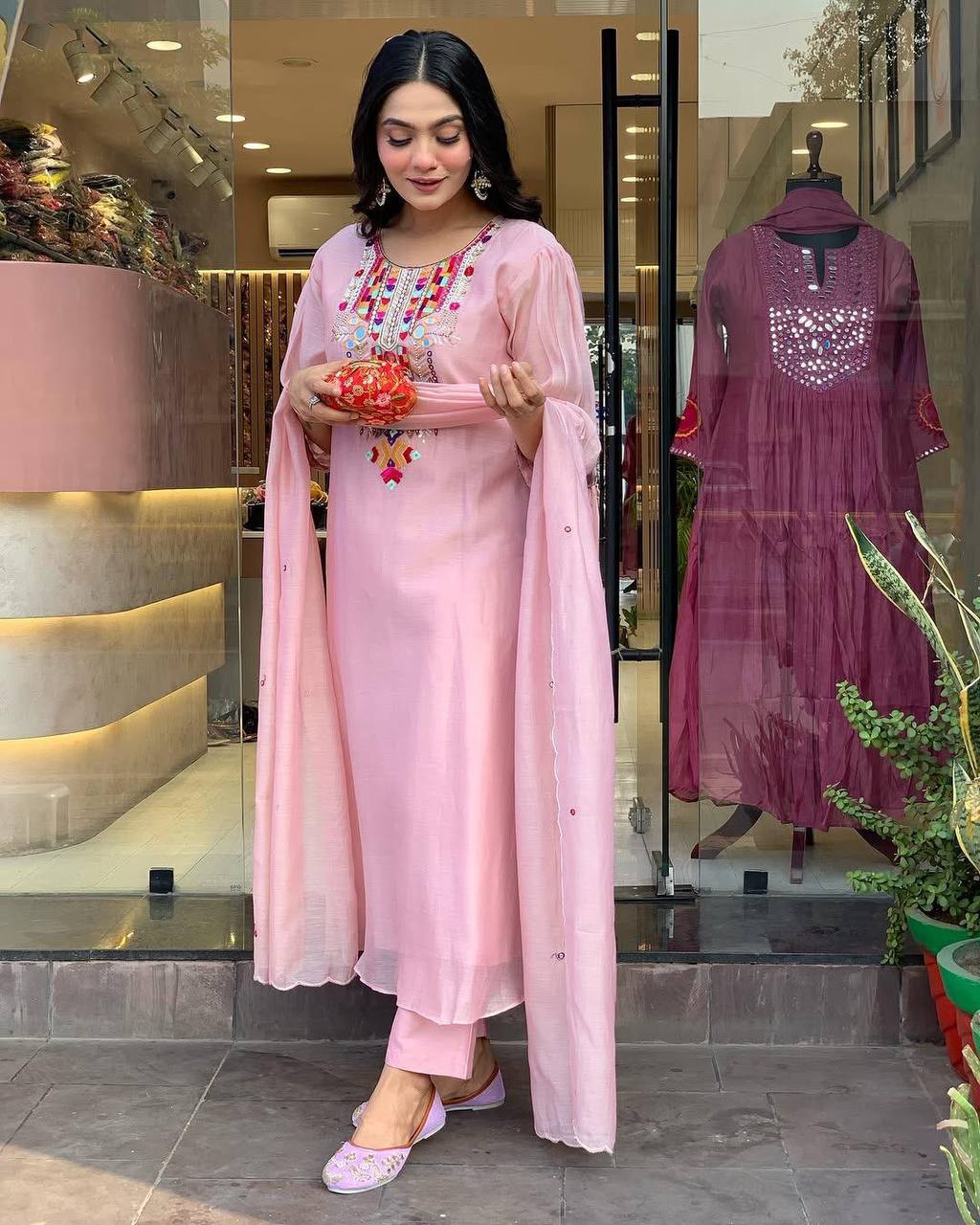 Chanderi Mirror Embroidered Salwar Suit