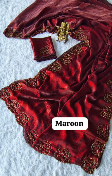 Party Wear Space Silk Cut Work Saree Blouse