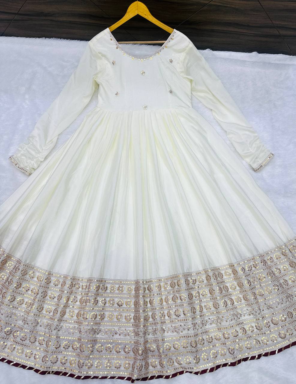 Ville Fashion Women's Off-White Chinon Silk Anarkali Suit with Heavy Sequence Work & Salwar