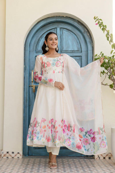 White Color Organza Silk Digital Printed Top Pent Dupatta