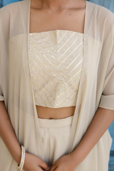 Off White Color Georgette Gotta Patti Plazo Top Shrug