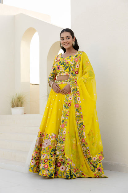 Wedding Wear Yellow Color Organza Sequence Lehenga Choli