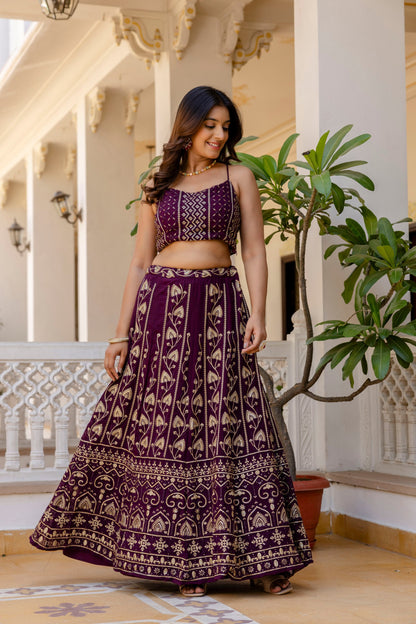 Wine Color Georgette Sequence Lehenga Choli