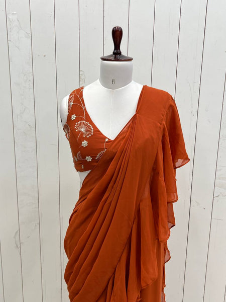 Rust Color Georgette Sequence Ready to wear Plazo Saree
