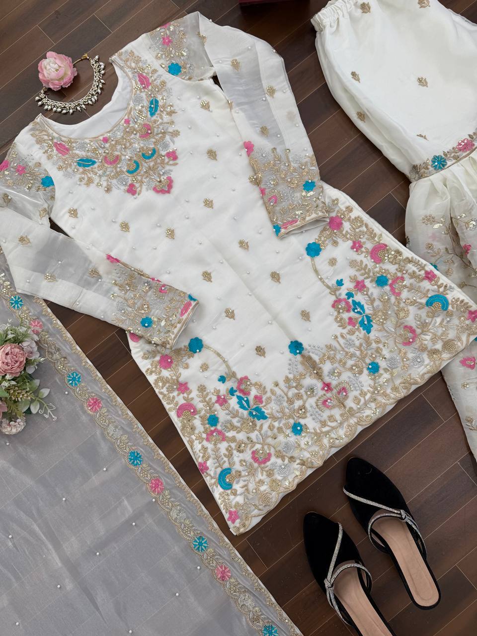 Premium JMC Silk Sharara Set with Sequence & Rivet Moti Work