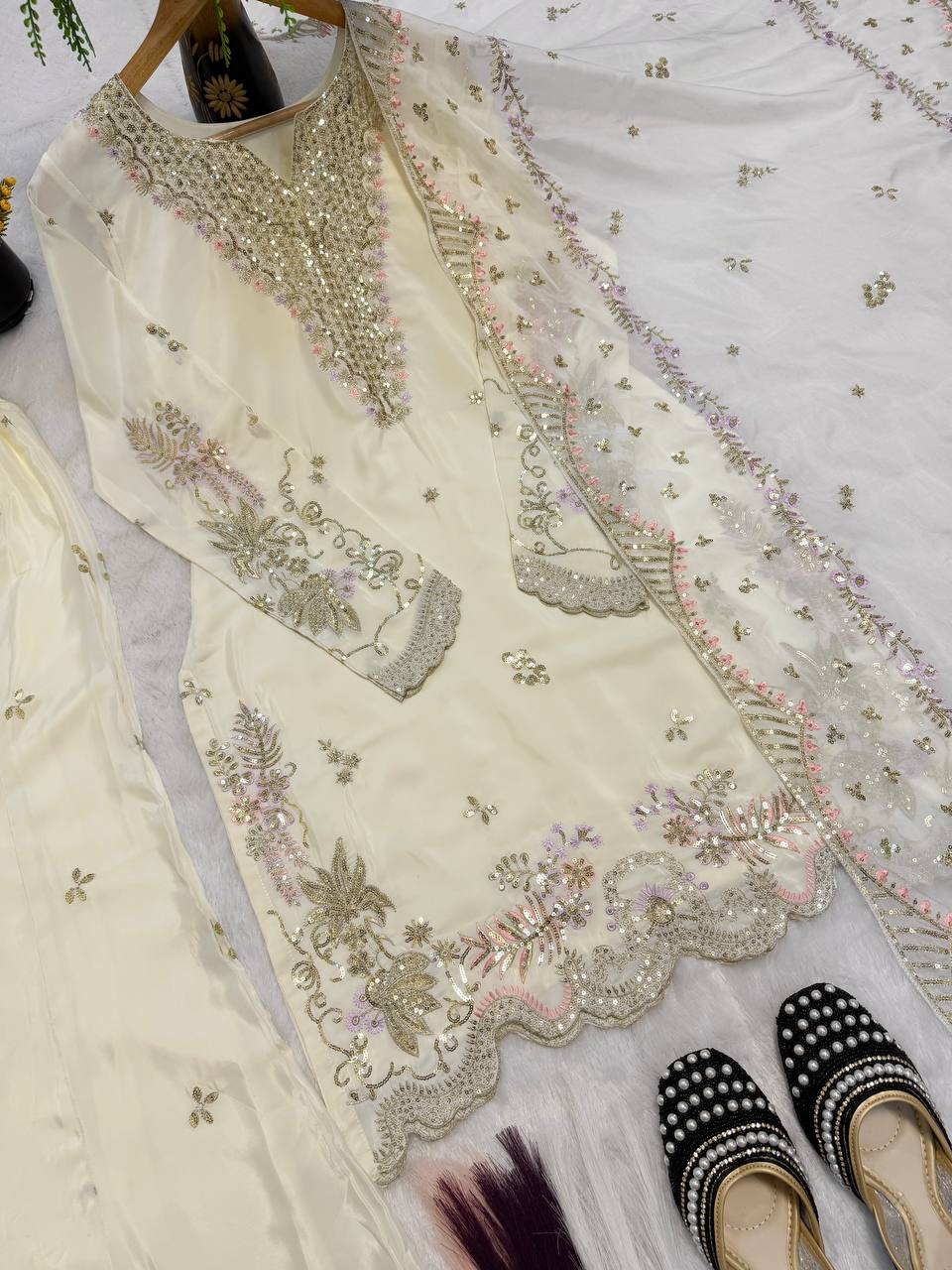 Premium Natural Crepe Silk Sharara Suit with Multi-Needle Sequence Embroidery