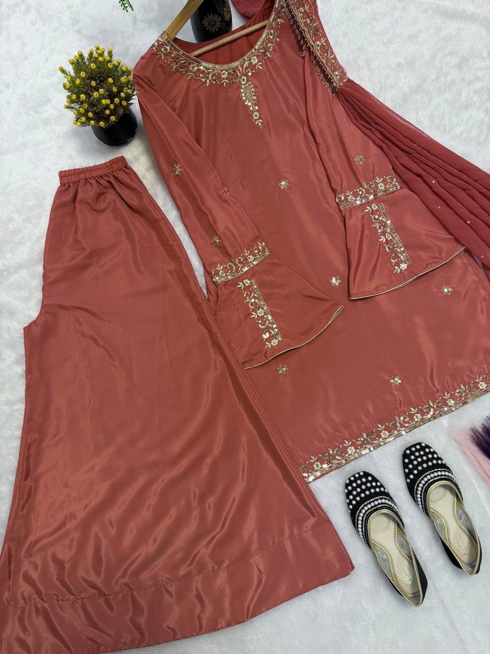 Heavy Natural Crepe Silk Embroidered Sharara Suit Set