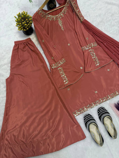 Heavy Natural Crepe Silk Embroidered Sharara Suit Set