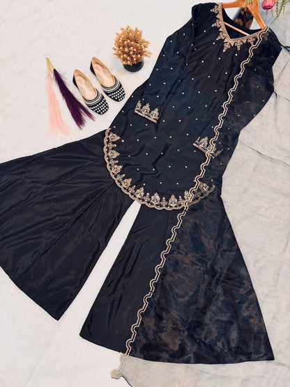 Premium Natural Crepe Silk Sharara Suit Set