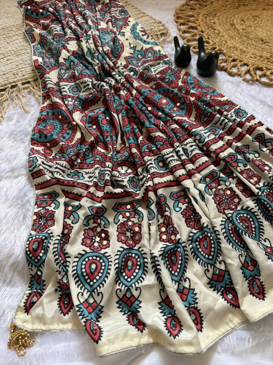 Premium Digital Print Silk Crape Saree with Mirror Work