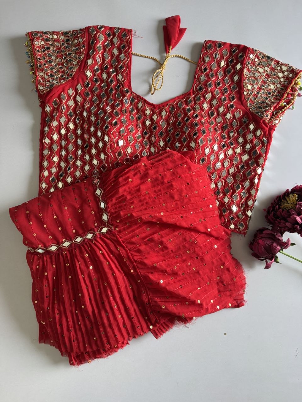 Sequins Faux Georgette Saree with Crush Pleats & Stitched Real Mirror Work Blouse