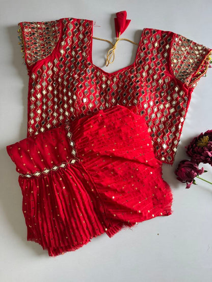 Sequins Faux Georgette Saree with Crush Pleats & Stitched Real Mirror Work Blouse