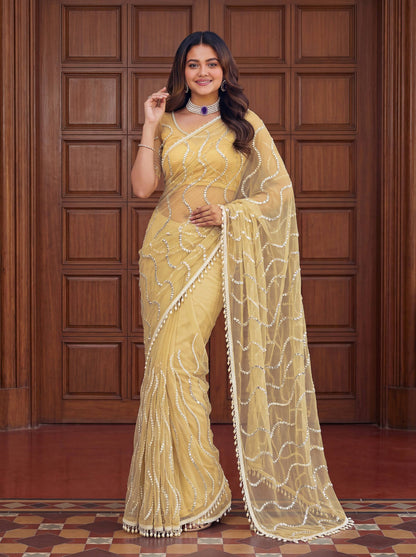 designer Net Embroidered Saree with Beads, Sequins & Pearl Work | Matching Unstitched Blouse