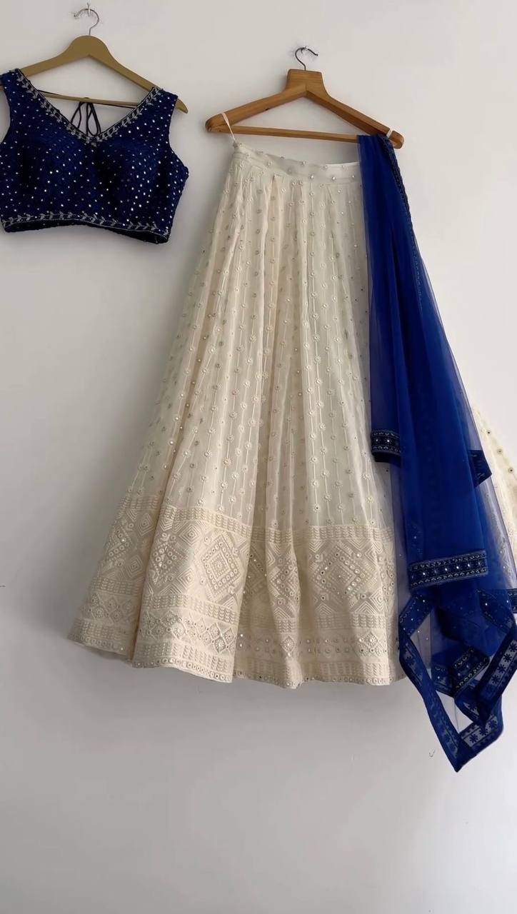 Designer Blue Color Georgette Sequence Work Wedding Wear Lehenga Choli
