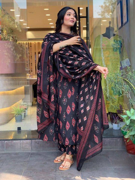 Awesome Black Color Cotton Printed Embroidery Work Salwar Suit