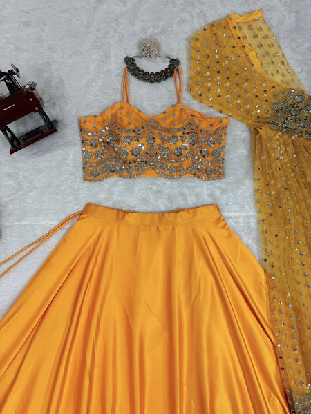 Yellow Color Japan Satin Sequence Thread Work Koti Lehenga Choli