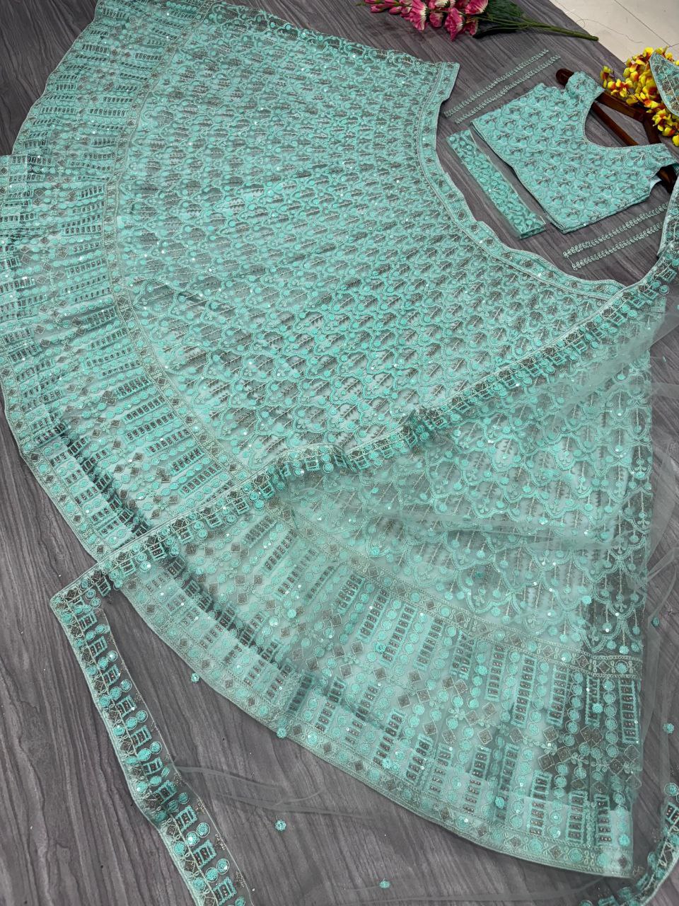 Sea Green Net Sequence Lehenga Choli