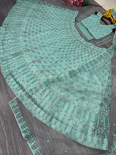 Sea Green Net Sequence Lehenga Choli
