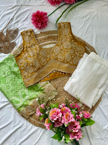 Ready to Wear Chinon Silk Multi Thread Work Indo Western Drape Saree