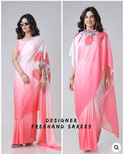 Ready to wear FreeHand Satin Silk Digital Printed Saree