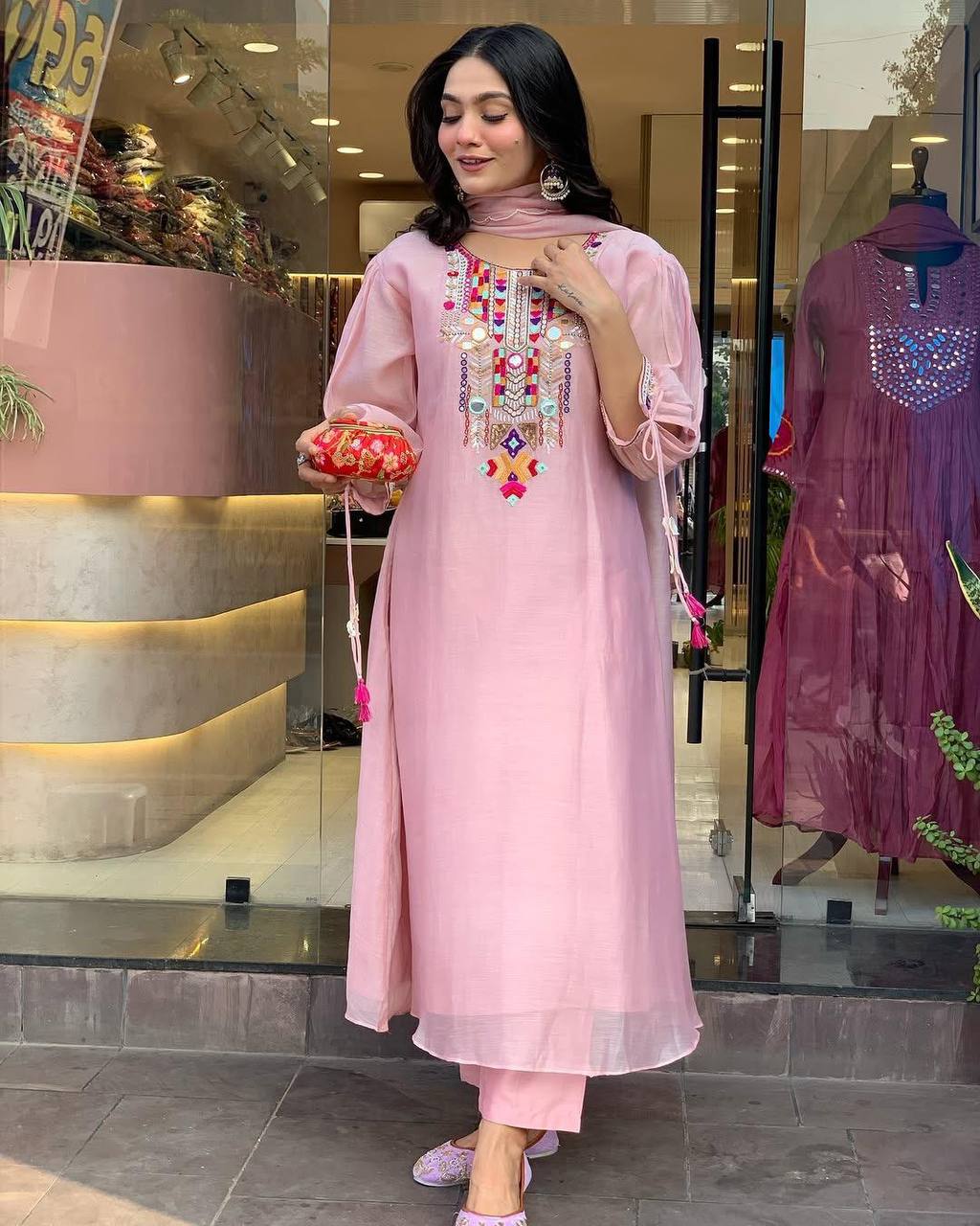 Chanderi Mirror Embroidered Salwar Suit