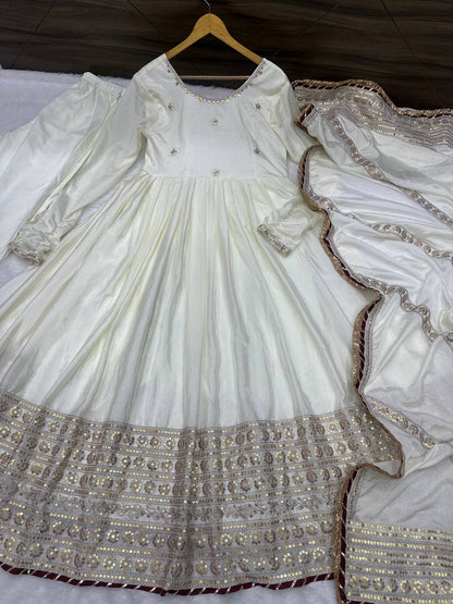 Ville Fashion Women's Off-White Chinon Silk Anarkali Suit with Heavy Sequence Work & Salwar