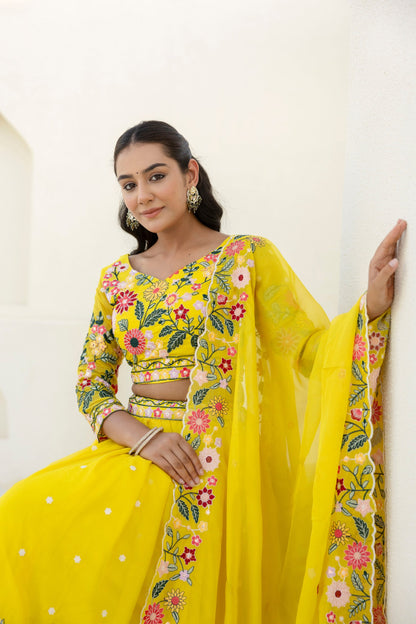 Wedding Wear Yellow Color Organza Sequence Lehenga Choli