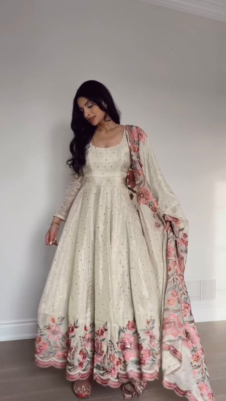 White Color Chinon Silk Top Pent Dupatta