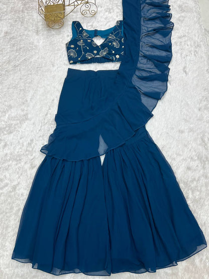 Latest Blue Color Georgette Sharara Saree