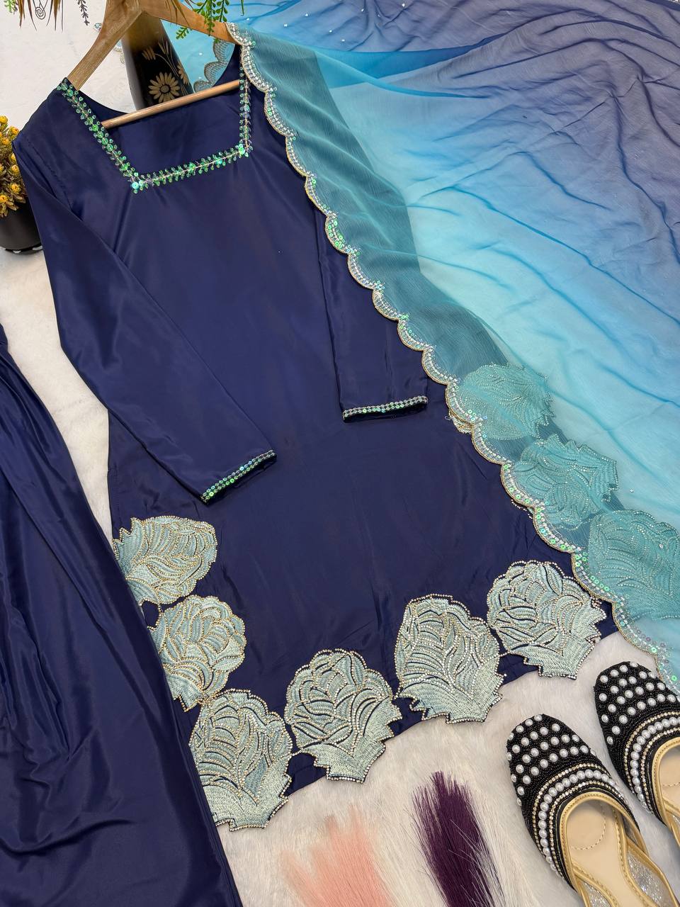 Heavy Crepe Silk Embroidered Farshi Salwar Suit Set