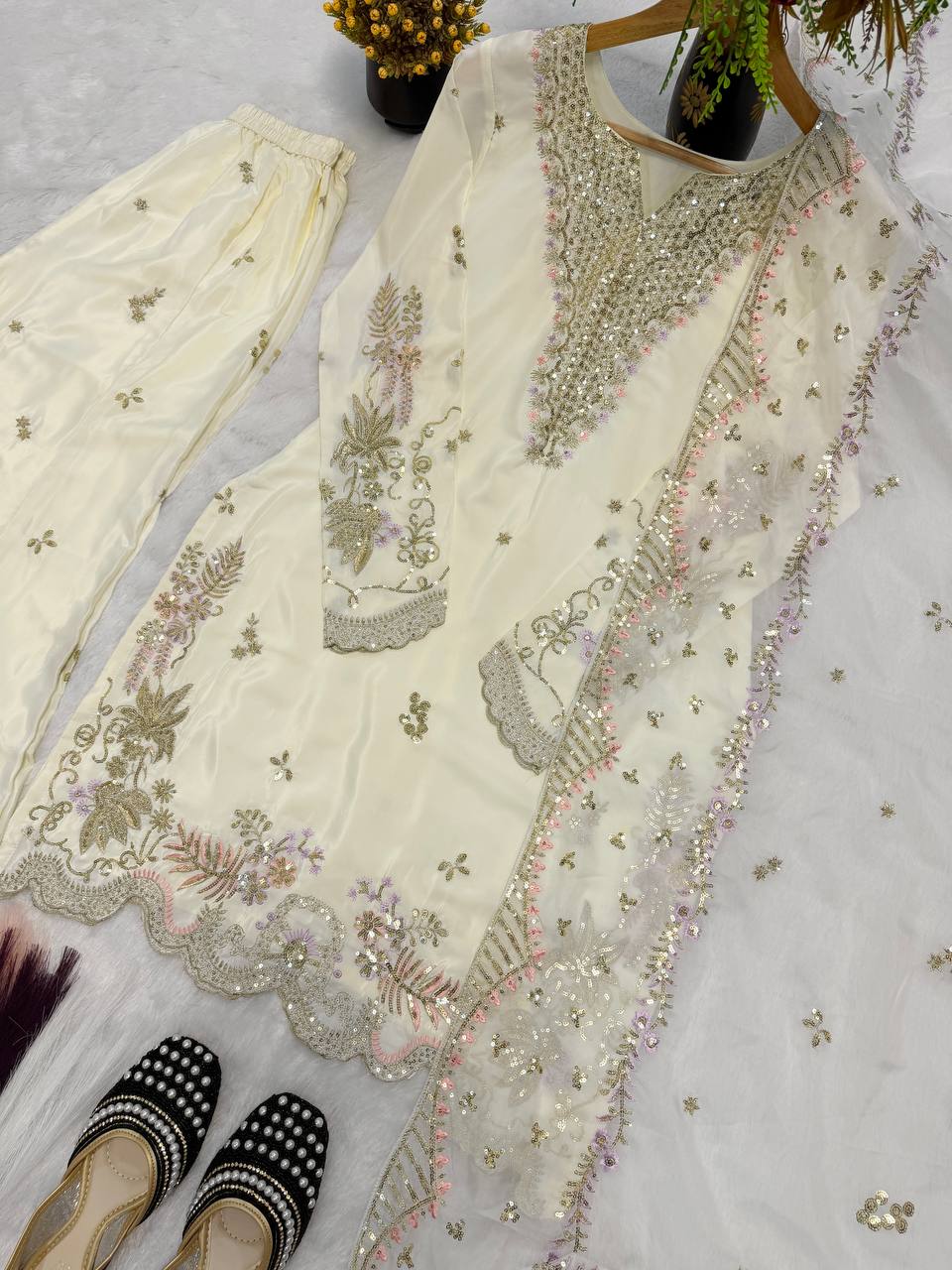 Premium Natural Crepe Silk Sharara Suit with Multi-Needle Sequence Embroidery
