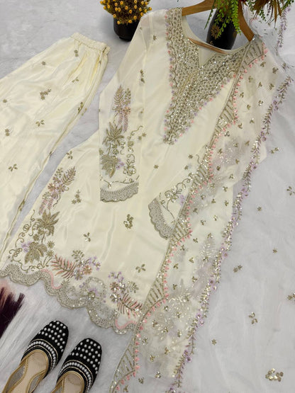Premium Natural Crepe Silk Sharara Suit with Multi-Needle Sequence Embroidery