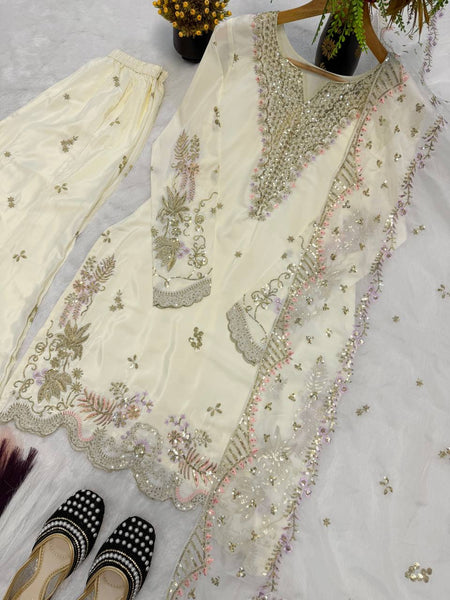 Premium Natural Crepe Silk Sharara Suit with Multi-Needle Sequence Embroidery