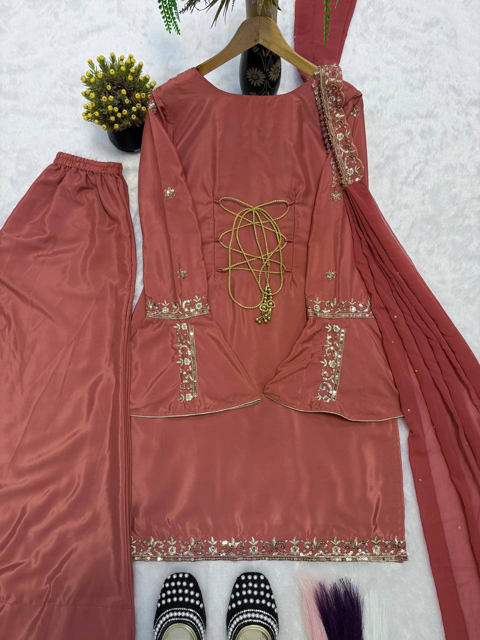 Heavy Natural Crepe Silk Embroidered Sharara Suit Set