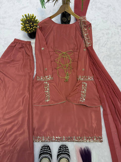 Heavy Natural Crepe Silk Embroidered Sharara Suit Set