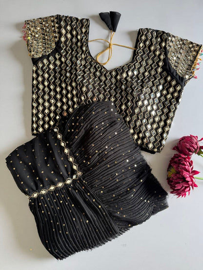 Sequins Faux Georgette Saree with Crush Pleats & Stitched Real Mirror Work Blouse