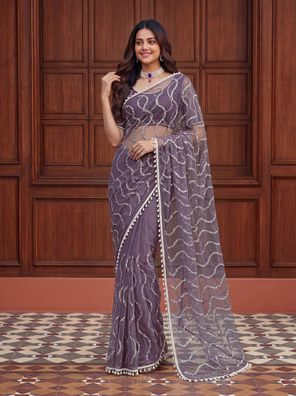 designer Net Embroidered Saree with Beads, Sequins & Pearl Work | Matching Unstitched Blouse