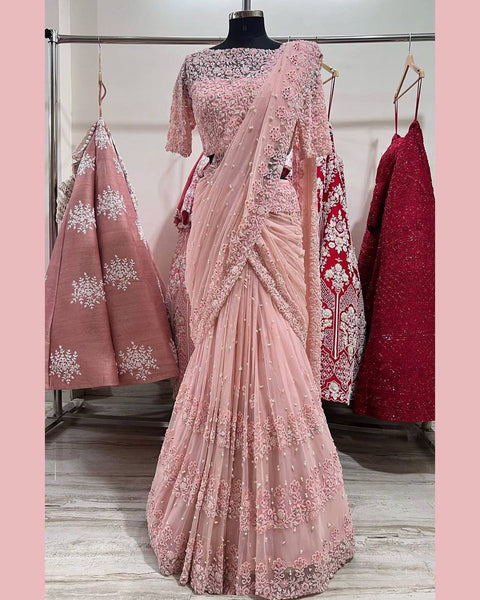 Party Wear Net Sequence Pearl Work Saree Blouse