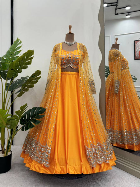 Yellow Color Japan Satin Sequence Thread Work Koti Lehenga Choli