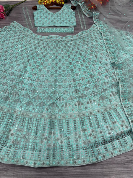 Sea Green Net Sequence Lehenga Choli