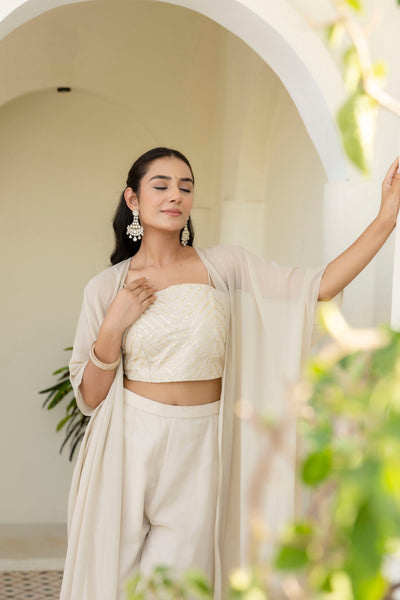 Off White Color Georgette Gotta Patti Plazo Top Shrug