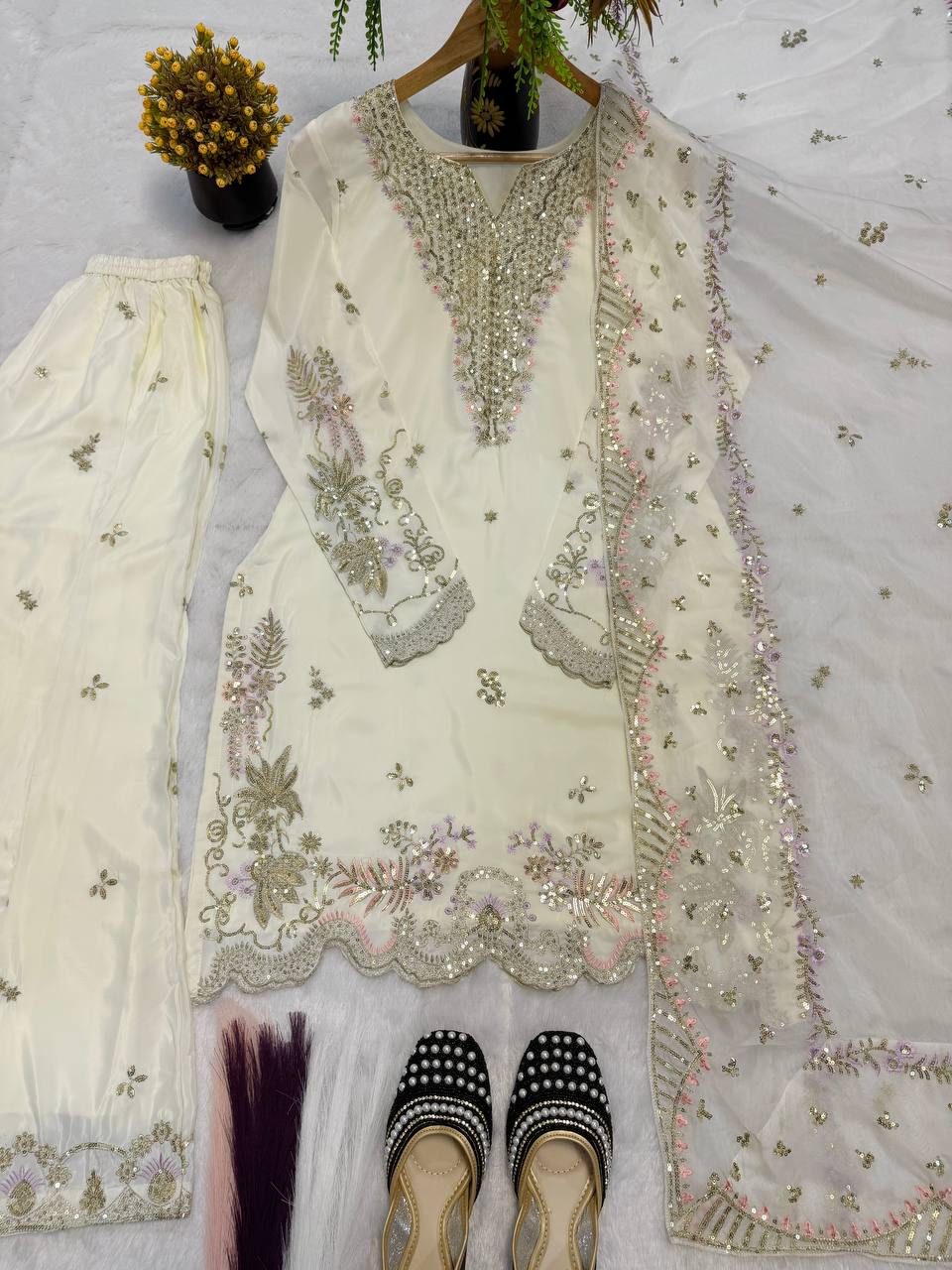 Premium Natural Crepe Silk Sharara Suit with Multi-Needle Sequence Embroidery