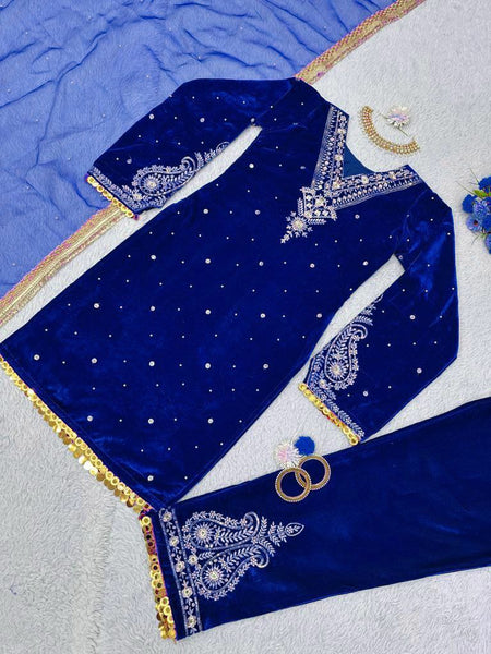 Designer Velvet Salwar Suit With Rivet Moti Work And Sequence Work