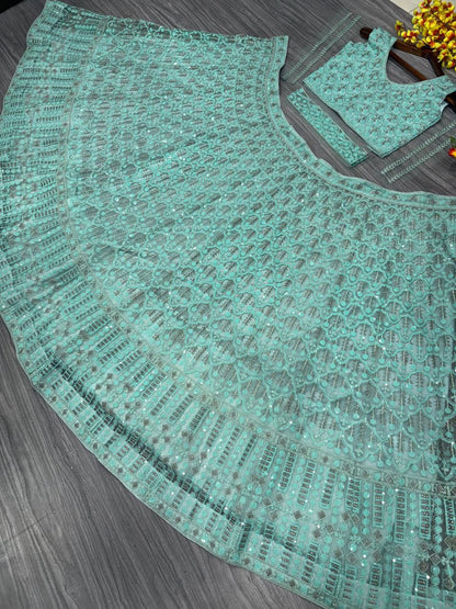 Sea Green Net Sequence Lehenga Choli