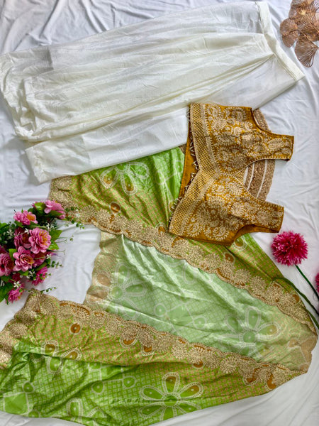 Ready to Wear Chinon Silk Multi Thread Work Indo Western Drape Saree